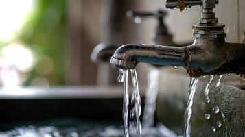 ai generado agua fluido desde el grifo en el cocina. antiguo grifo con corriendo agua. selectivo enfocar. foto