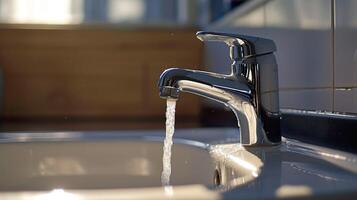 ai generado moderno grifo y lavabo en el cocina. agua fluido desde el grifo en el cocina. cerca arriba. foto