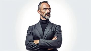 AI generated Elegant man in black suit and turtleneck looking away with crossed arms photo