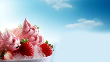 AI generated Strawberry ice cream with fresh strawberries on blue sky background. photo