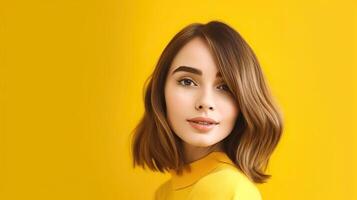 AI generated Portrait of a young beautiful woman with brown hair and brown eyes, isolated on yellow background photo