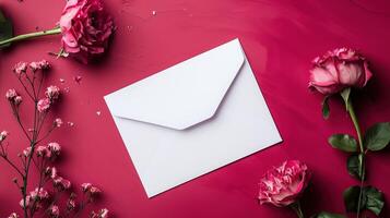 ai generado blanco vacío correo sobre y flores en un carmesí antecedentes. blanco blanco sobre-postal en un rojo antecedentes con rosas, amor carta. foto