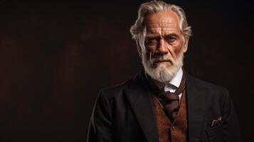 AI generated Thoughtful senior man with long white beard and hair wearing a suit and tie photo