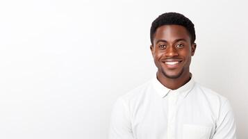 AI generated Smiling African American businessman in white shirt against white background photo