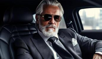 AI generated Senior businessman with grey hair and beard exuding confidence, sitting in luxurious black car photo