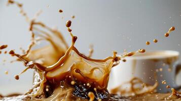 AI generated Freshly Brewed Coffee Splashing and Overflowing from White Cup on Isolated Background photo