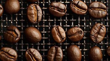 AI generated Close-up of dark brown roasted coffee beans on a black metal grid with shiny texture photo