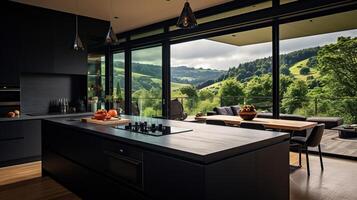 AI Generated Sleek Black Modern Kitchen Featuring Stylish Island and Scenic Mountain View photo
