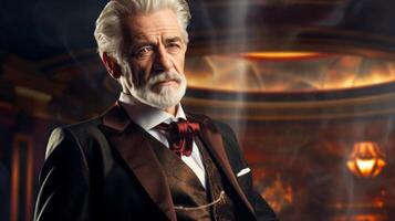 AI generated Elderly man in stylish suit with red vest and bowtie in dimly lit room photo
