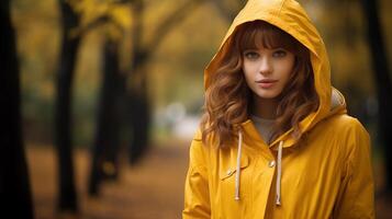 ai generado retrato de un hermosa joven mujer en un amarillo impermeable. foto