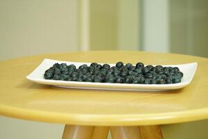 closeup view of Blueberries in a plate on the table photo