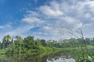 un hermoso paisaje de paisaje con río, cielo en pueblo en kerala, India foto