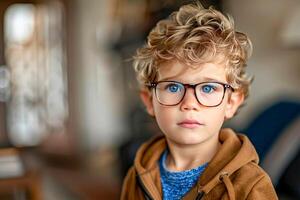 ai generado de cerca retrato de un pequeño inteligente grave chico vistiendo lentes. ai generado. foto