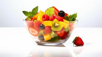 AI Generated Fruit salad in a glass bowl on a white background. photo