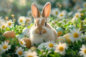 ai generado linda conejito rodeado por vistoso Pascua de Resurrección huevos en un fabuloso primavera bosque en el Mañana. ai generado. foto