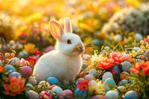 ai generado linda conejito rodeado por vistoso Pascua de Resurrección huevos en un fabuloso primavera bosque en el Mañana. ai generado. foto