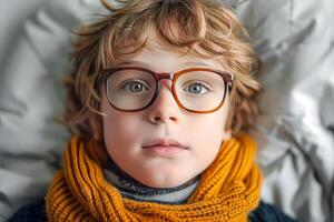 ai generado pequeño chico tiene dolorido garganta, mentiras en cama con un bufanda en su garganta. ai generado. foto