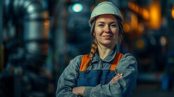 ai generado sonriente hembra trabajador en moderno industrial ambiente trabajando foto
