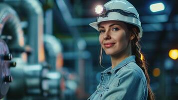 AI generated smiling female worker in modern industrial environment working photo