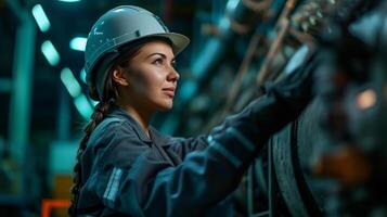 ai generado sonriente hembra trabajador en moderno industrial ambiente trabajando foto