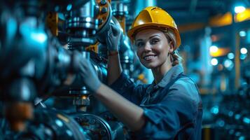 ai generado sonriente hembra trabajador en moderno industrial ambiente trabajando foto