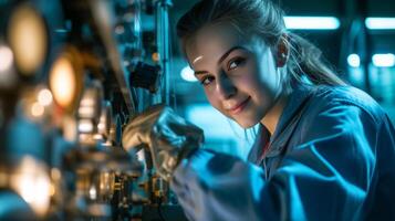 AI generated smiling female worker in modern industrial environment working photo