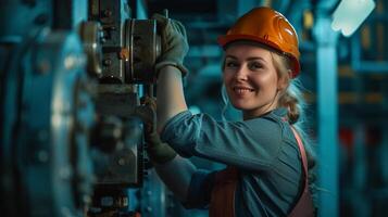ai generado sonriente hembra trabajador en moderno industrial ambiente trabajando foto