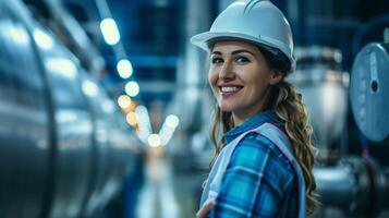 AI generated smiling female worker in modern industrial environment working photo