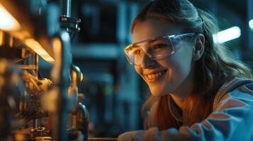 AI generated smiling female worker in modern industrial environment working photo