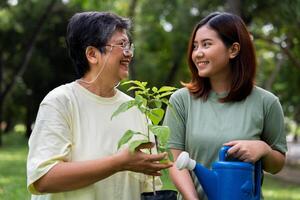 Portrait, Asian family mom and daughter plant sapling tree outdoors in nature park, Concept of happy retirement With care from a caregiver and Savings and senior health insurance, Happy family photo