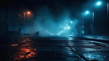 ai generado lluvia la carretera mojado asfalto reflexión de neón luces foto