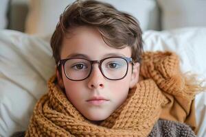 AI generated Small boy has sore throat, lies in bed with a scarf on his throat. AI generated. photo