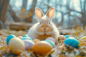 AI generated Cute bunny surrounded by colorful Easter eggs in a fabulous spring forest in the morning. AI generated. photo
