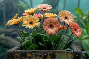 Bouquet of beautiful gerberas in a container. AI generated. photo