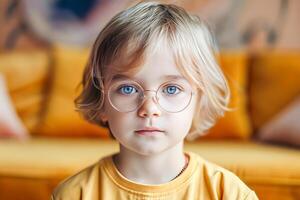 ai generado de cerca retrato de un pequeño inteligente grave chico vistiendo lentes. ai generado. foto