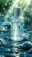 AI Generated A cosmetic bottle immersed in clean water. photo