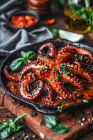 AI Generated Grilled octopus in spicy sauce. photo