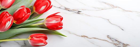 AI generated Banner with a bouquet of tulips. Copy space, place for text. AI generated. photo