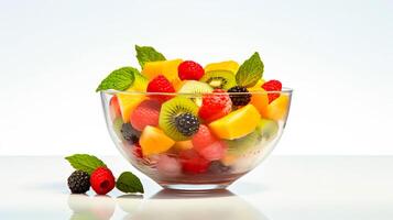 AI Generated Fruit salad in a glass bowl on a white background. photo