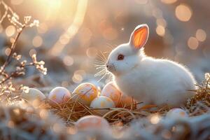 ai generado linda conejito rodeado por vistoso Pascua de Resurrección huevos en un fabuloso primavera bosque en el Mañana. ai generado. foto