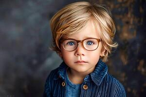 ai generado de cerca retrato de un pequeño inteligente grave chico vistiendo lentes. ai generado. foto