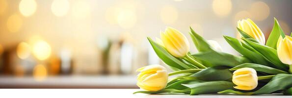 AI generated Banner with a bouquet of tulips. Copy space, place for text. AI generated. photo