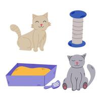 Cartoon Vector Illustration.  Cute cat and supplies. Funny kitty playing with toy.