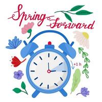 Daylight Saving Time concept banner. Vector illustration of clock. Spring Forward concept in cartoon doodle style with funny clock flower and schedule of changing clocks  on summer time