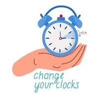 Spring forward fall back illustration with clock.  Human hand is turning the clock hands forward by an hour. Web banner of alarm clock with call to switch to dst. vector