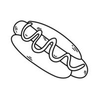 Vector illustration doodle of hot dog with mustard. Unhealthy food,drawn Hot dog.  Decoration for menus, signboards, showcases, greeting cards, posters, wallpapers.