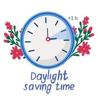 Daylight saving time .  Alarm clock with flowers and leaves.Clock set to an hour ahead. vector