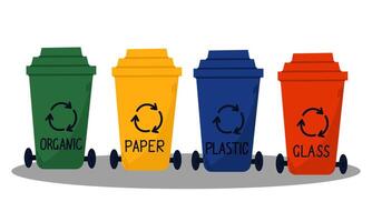 Sorting and recycling garbage by material with different types of colored waste bins with symbols for organic, paper, glass, plastic. Waste segregation. vector