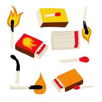 Matches. Vector illustration cartoon style isolated on white background.  Red-tipped matches. Matches big set. Burning match with fire, opened matchbox, charcoal. Lights.