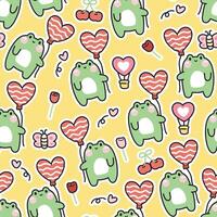 Seamless pattern of cute frog hold balloon with various tiny icon background.Reptile animal character cartoon design.Rose,balloon,heart,cherry,butterfly.Valentines.Kawaii.Vector.Illustration. vector